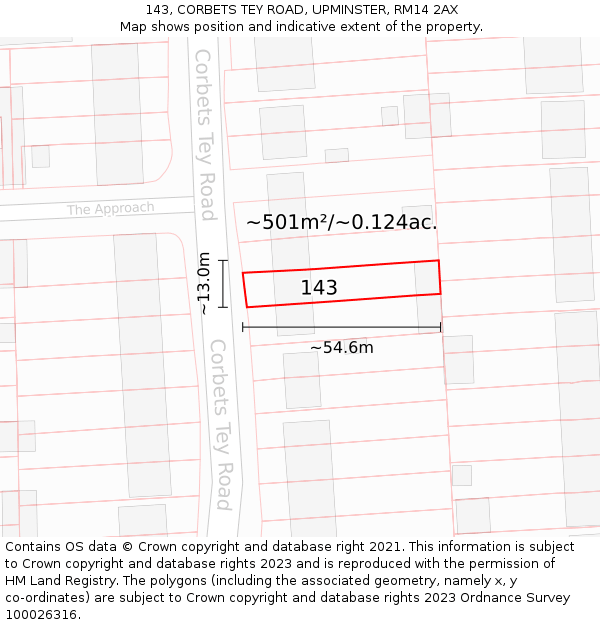 143, CORBETS TEY ROAD, UPMINSTER, RM14 2AX: Plot and title map