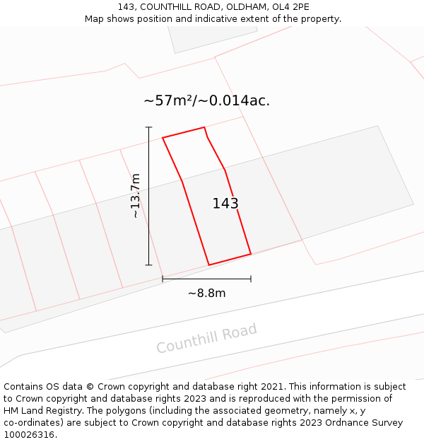143, COUNTHILL ROAD, OLDHAM, OL4 2PE: Plot and title map