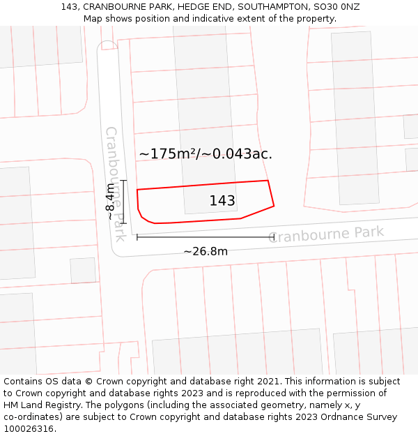 143, CRANBOURNE PARK, HEDGE END, SOUTHAMPTON, SO30 0NZ: Plot and title map