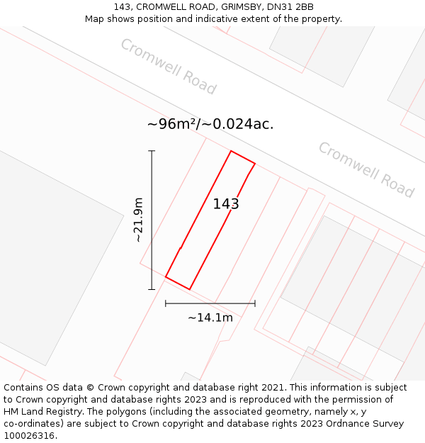 143, CROMWELL ROAD, GRIMSBY, DN31 2BB: Plot and title map