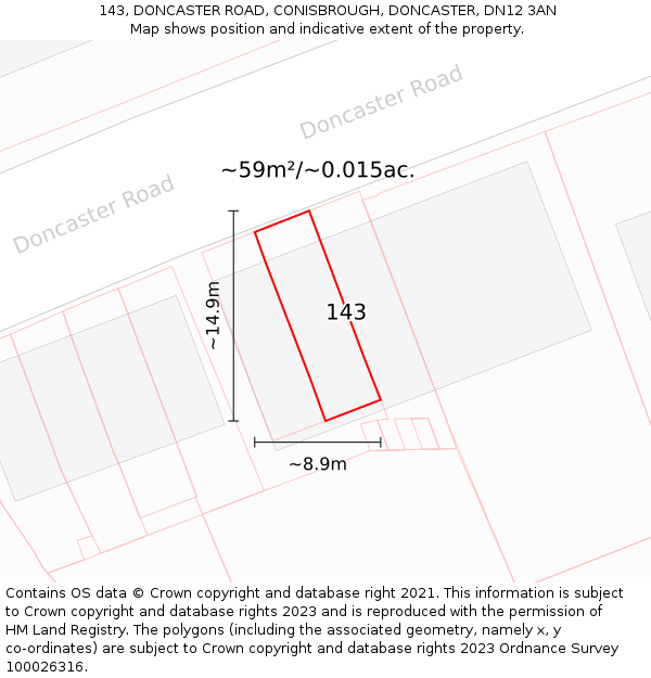 143, DONCASTER ROAD, CONISBROUGH, DONCASTER, DN12 3AN: Plot and title map