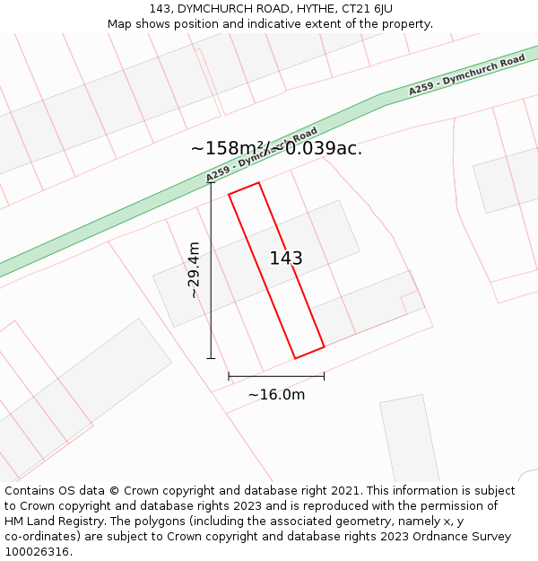 143, DYMCHURCH ROAD, HYTHE, CT21 6JU: Plot and title map