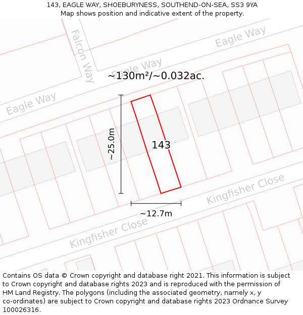 143, EAGLE WAY, SHOEBURYNESS, SOUTHEND-ON-SEA, SS3 9YA: Plot and title map