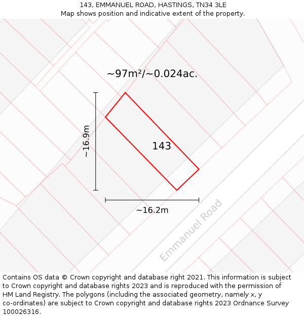 143, EMMANUEL ROAD, HASTINGS, TN34 3LE: Plot and title map