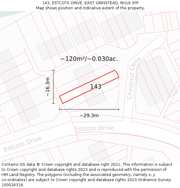 143, ESTCOTS DRIVE, EAST GRINSTEAD, RH19 3YP: Plot and title map