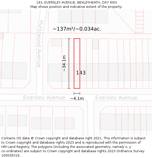 143, EVERSLEY AVENUE, BEXLEYHEATH, DA7 6SN: Plot and title map