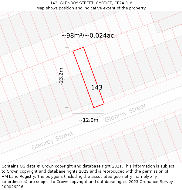 143, GLENROY STREET, CARDIFF, CF24 3LA: Plot and title map