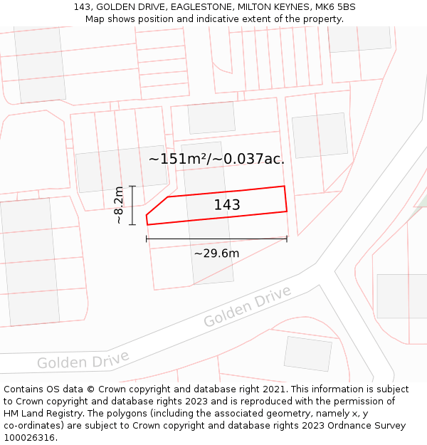 143, GOLDEN DRIVE, EAGLESTONE, MILTON KEYNES, MK6 5BS: Plot and title map
