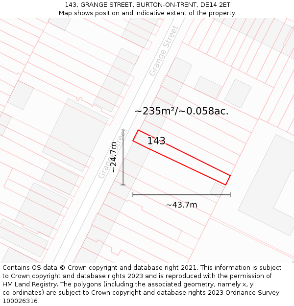 143, GRANGE STREET, BURTON-ON-TRENT, DE14 2ET: Plot and title map