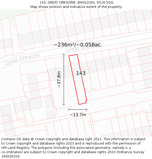143, GREAT GREGORIE, BASILDON, SS16 5QQ: Plot and title map