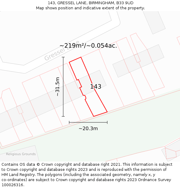 143, GRESSEL LANE, BIRMINGHAM, B33 9UD: Plot and title map