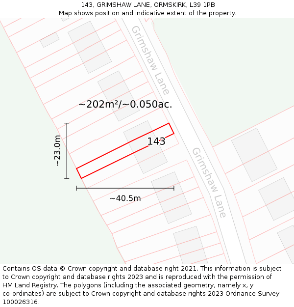 143, GRIMSHAW LANE, ORMSKIRK, L39 1PB: Plot and title map
