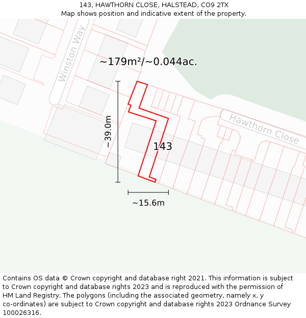 143, HAWTHORN CLOSE, HALSTEAD, CO9 2TX: Plot and title map
