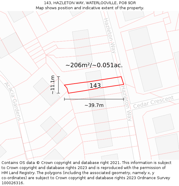 143, HAZLETON WAY, WATERLOOVILLE, PO8 9DR: Plot and title map