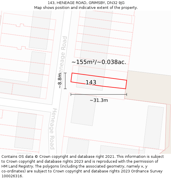 143, HENEAGE ROAD, GRIMSBY, DN32 9JG: Plot and title map