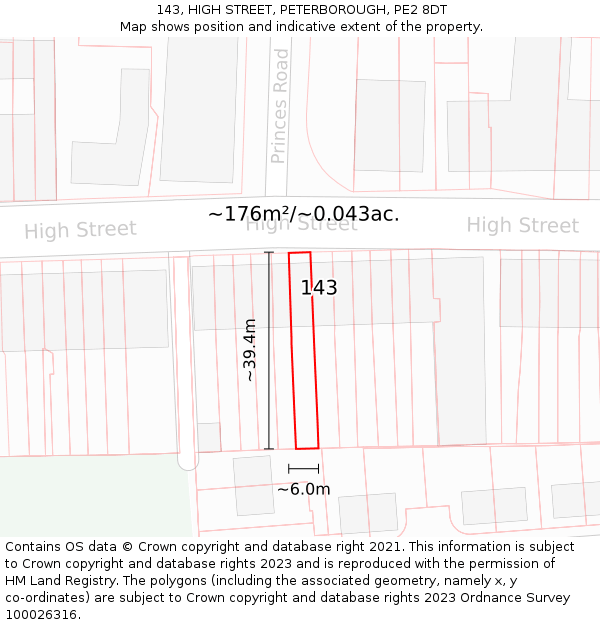 143, HIGH STREET, PETERBOROUGH, PE2 8DT: Plot and title map