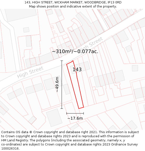 143, HIGH STREET, WICKHAM MARKET, WOODBRIDGE, IP13 0RD: Plot and title map