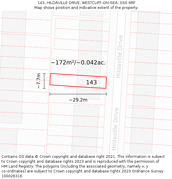 143, HILDAVILLE DRIVE, WESTCLIFF-ON-SEA, SS0 9RP: Plot and title map