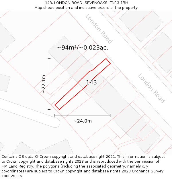143, LONDON ROAD, SEVENOAKS, TN13 1BH: Plot and title map