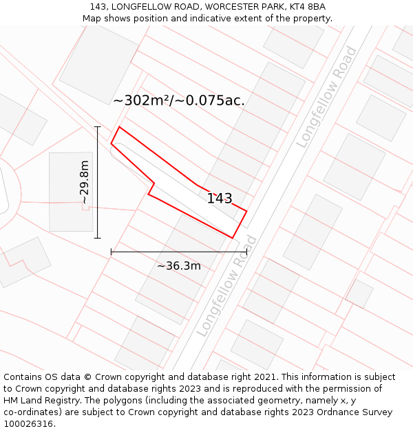 143, LONGFELLOW ROAD, WORCESTER PARK, KT4 8BA: Plot and title map