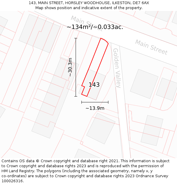 143, MAIN STREET, HORSLEY WOODHOUSE, ILKESTON, DE7 6AX: Plot and title map