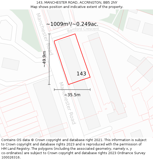 143, MANCHESTER ROAD, ACCRINGTON, BB5 2NY: Plot and title map