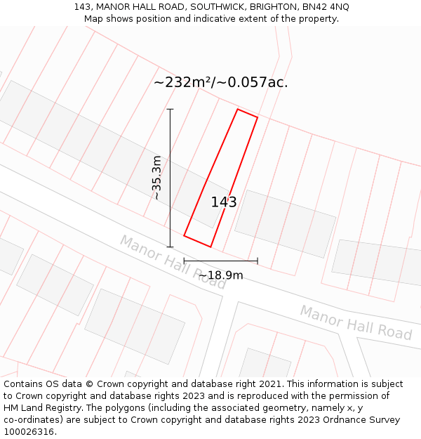 143, MANOR HALL ROAD, SOUTHWICK, BRIGHTON, BN42 4NQ: Plot and title map