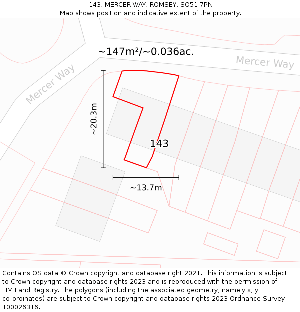 143, MERCER WAY, ROMSEY, SO51 7PN: Plot and title map
