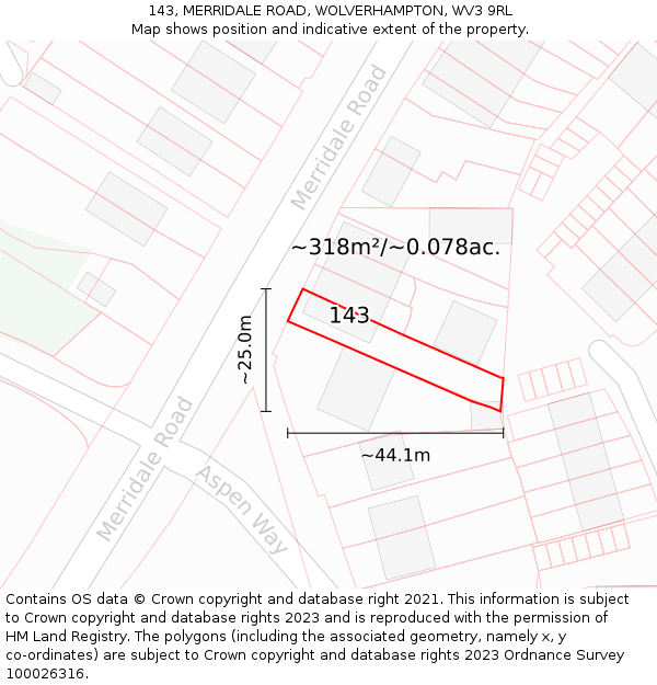 143, MERRIDALE ROAD, WOLVERHAMPTON, WV3 9RL: Plot and title map