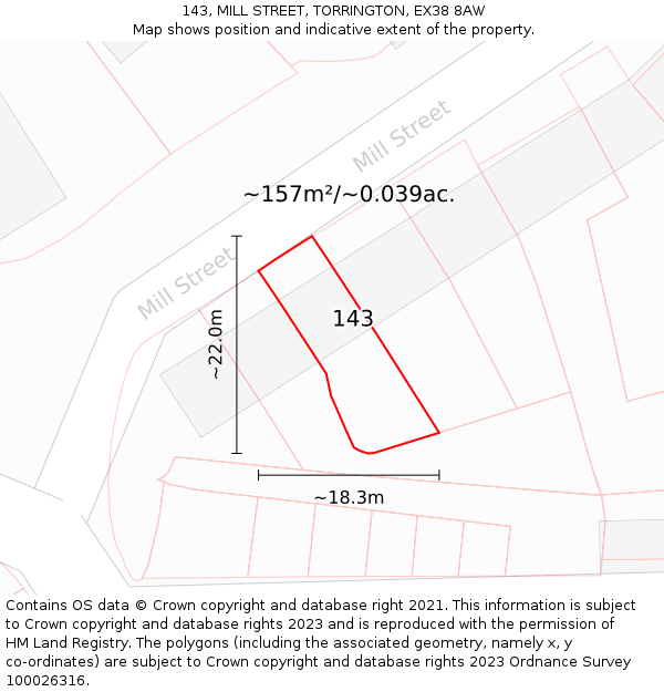 143, MILL STREET, TORRINGTON, EX38 8AW: Plot and title map