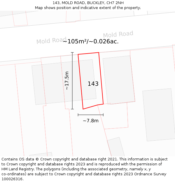 143, MOLD ROAD, BUCKLEY, CH7 2NH: Plot and title map