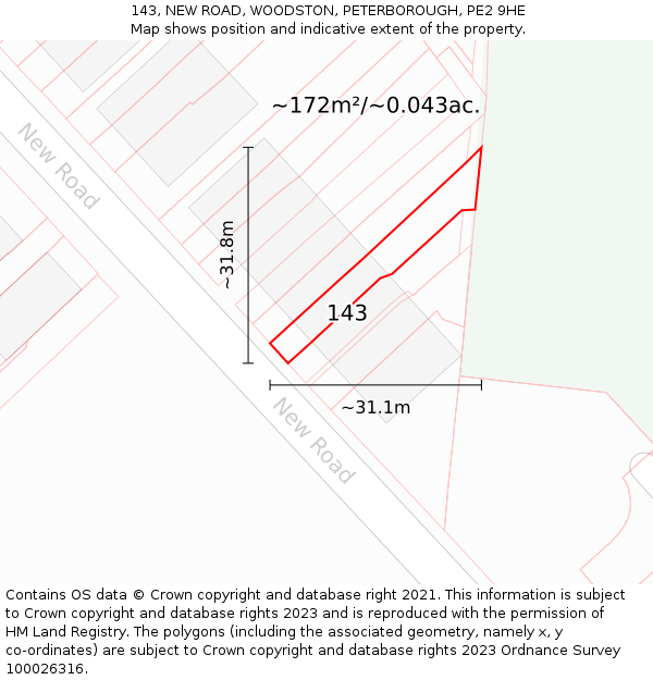 143, NEW ROAD, WOODSTON, PETERBOROUGH, PE2 9HE: Plot and title map