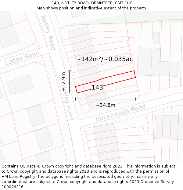 143, NOTLEY ROAD, BRAINTREE, CM7 1HF: Plot and title map