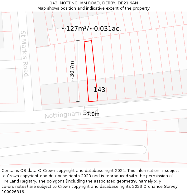 143, NOTTINGHAM ROAD, DERBY, DE21 6AN: Plot and title map