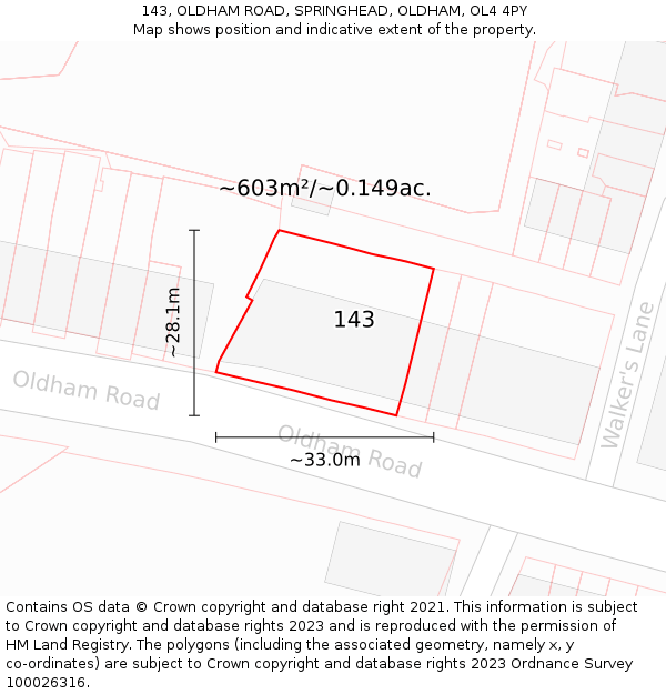 143, OLDHAM ROAD, SPRINGHEAD, OLDHAM, OL4 4PY: Plot and title map