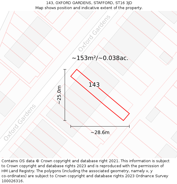 143, OXFORD GARDENS, STAFFORD, ST16 3JD: Plot and title map
