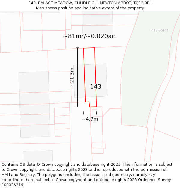 143, PALACE MEADOW, CHUDLEIGH, NEWTON ABBOT, TQ13 0PH: Plot and title map