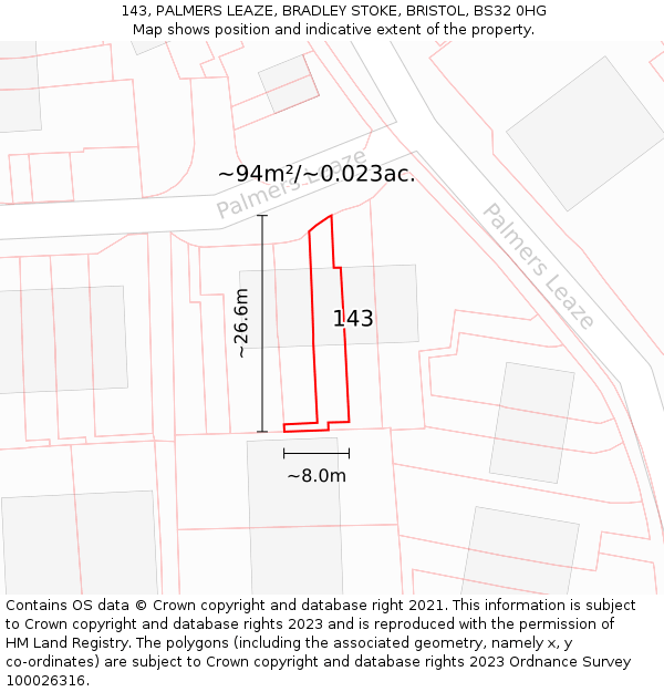 143, PALMERS LEAZE, BRADLEY STOKE, BRISTOL, BS32 0HG: Plot and title map