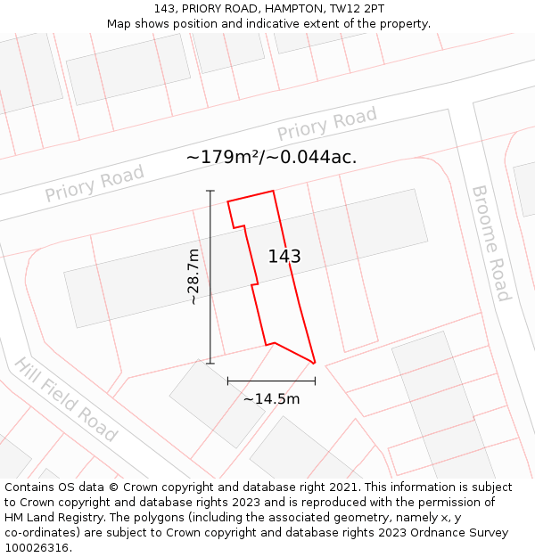 143, PRIORY ROAD, HAMPTON, TW12 2PT: Plot and title map