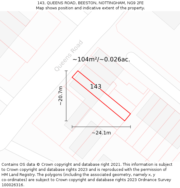 143, QUEENS ROAD, BEESTON, NOTTINGHAM, NG9 2FE: Plot and title map