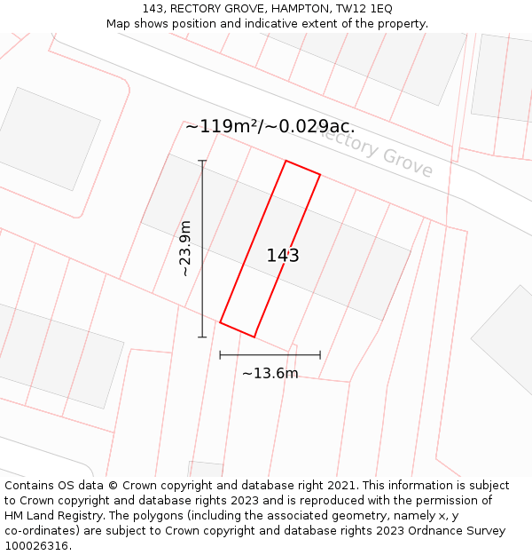 143, RECTORY GROVE, HAMPTON, TW12 1EQ: Plot and title map