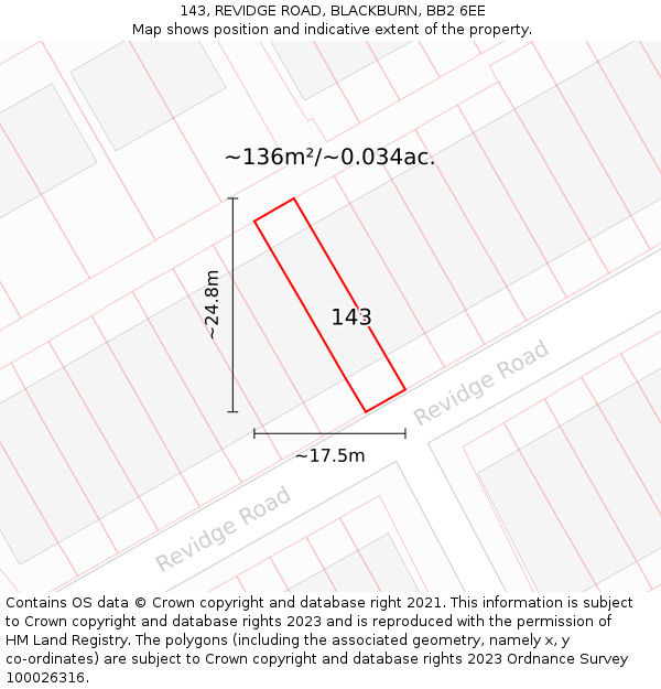 143, REVIDGE ROAD, BLACKBURN, BB2 6EE: Plot and title map