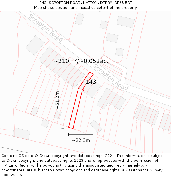 143, SCROPTON ROAD, HATTON, DERBY, DE65 5DT: Plot and title map