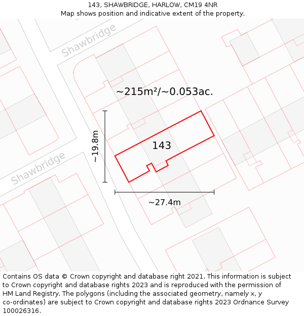 143, SHAWBRIDGE, HARLOW, CM19 4NR: Plot and title map