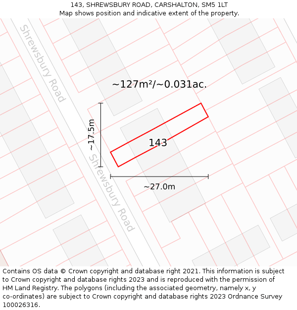 143, SHREWSBURY ROAD, CARSHALTON, SM5 1LT: Plot and title map