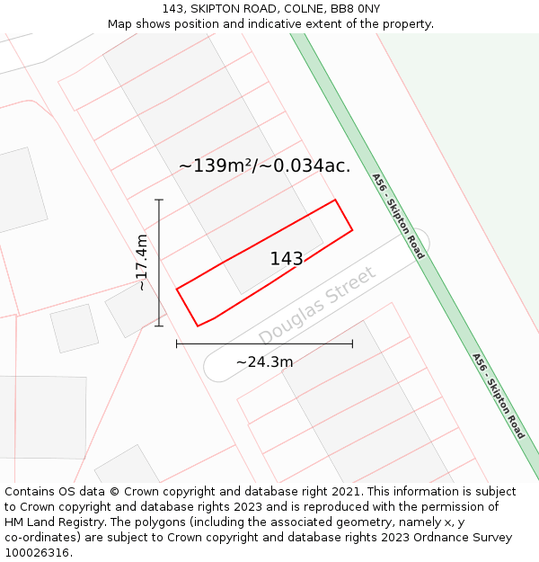 143, SKIPTON ROAD, COLNE, BB8 0NY: Plot and title map