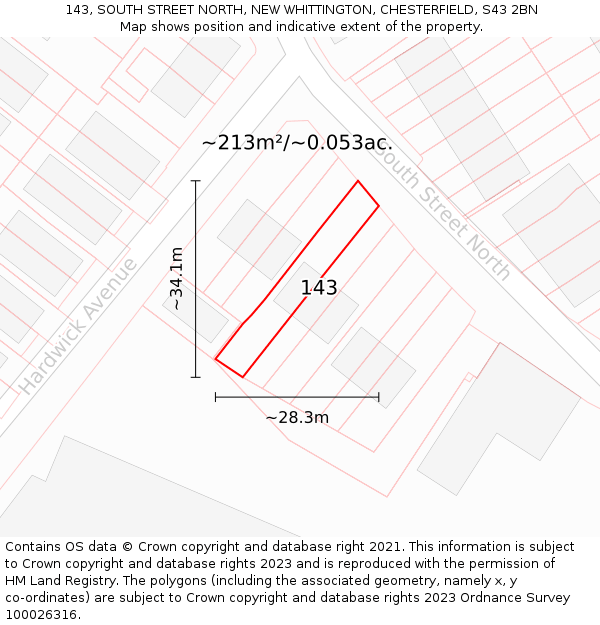 143, SOUTH STREET NORTH, NEW WHITTINGTON, CHESTERFIELD, S43 2BN: Plot and title map