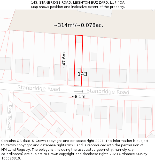 143, STANBRIDGE ROAD, LEIGHTON BUZZARD, LU7 4QA: Plot and title map