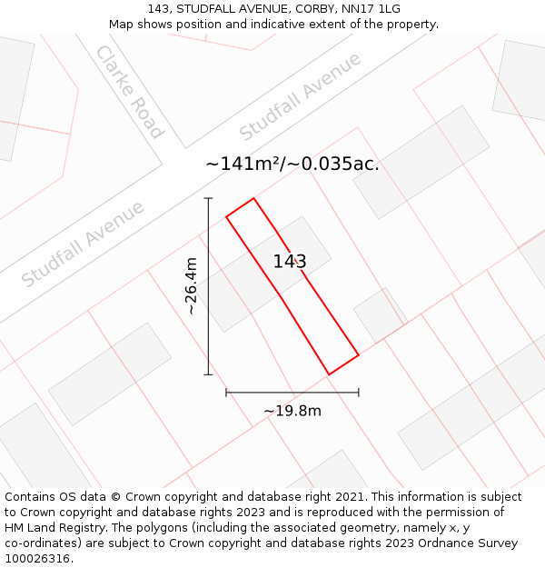 143, STUDFALL AVENUE, CORBY, NN17 1LG: Plot and title map
