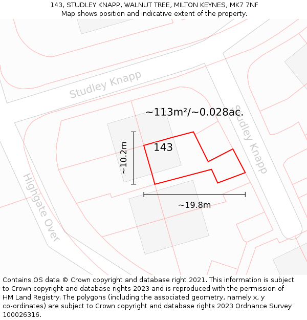143, STUDLEY KNAPP, WALNUT TREE, MILTON KEYNES, MK7 7NF: Plot and title map